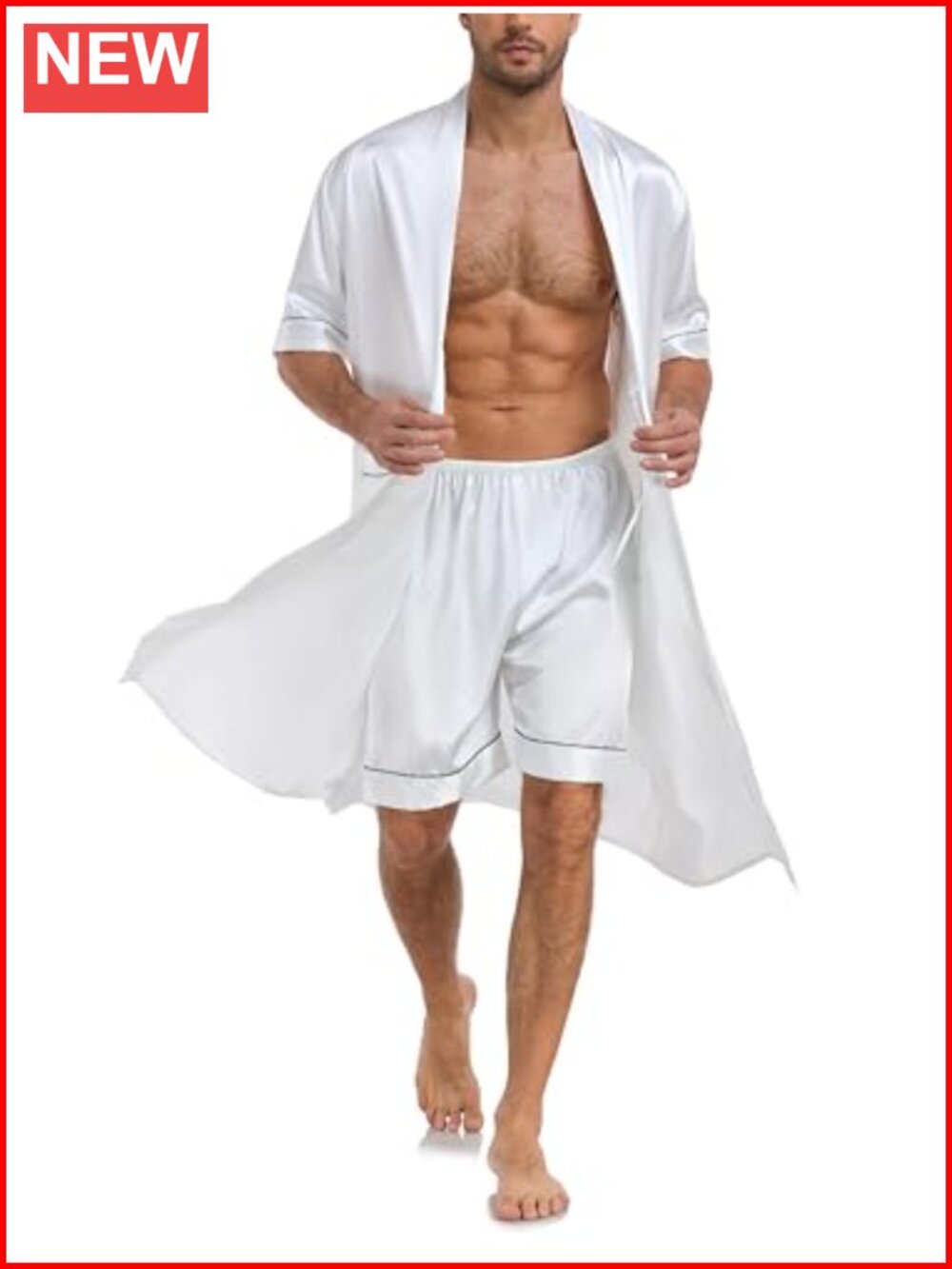 Men's Silky Kimono Robe and Shorts 2 Piece Pajama Set Lightweight Sleepwear
